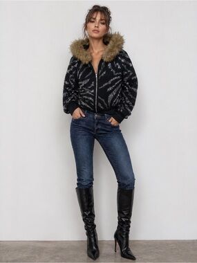 Black Rhinestone Zebra Print Cropped Jacket w/ Removable Faux Fur Sz S, Med, Lg